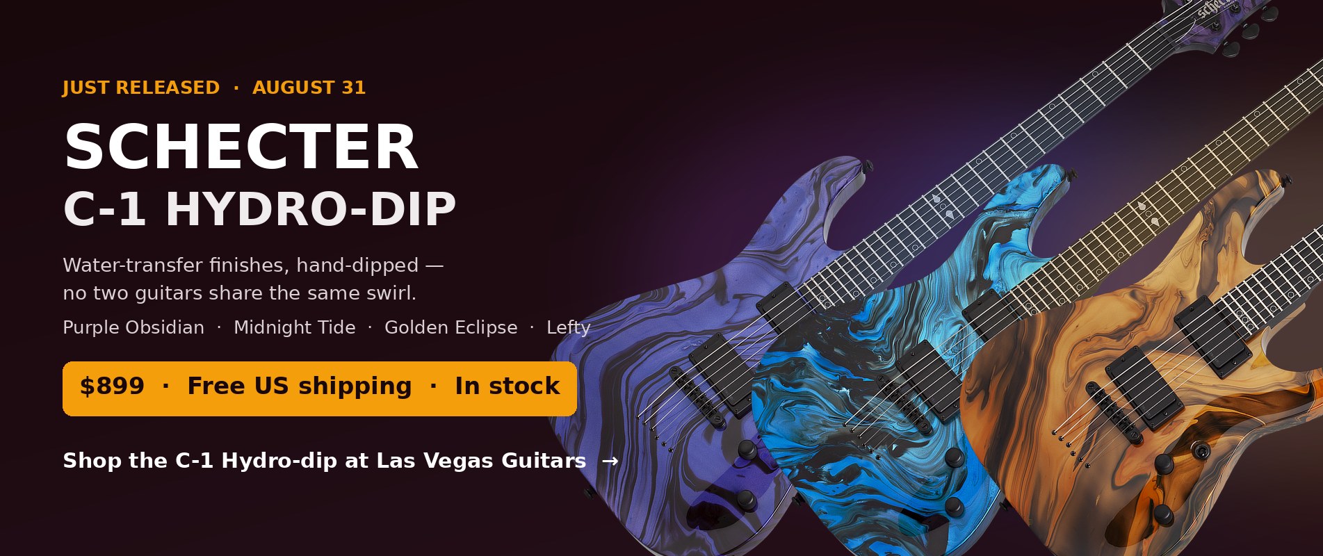 New Schecter C-1 Hydro-dip in Purple Obsidian, Midnight Tide and Golden Eclipse - $899 at Las Vegas Guitars